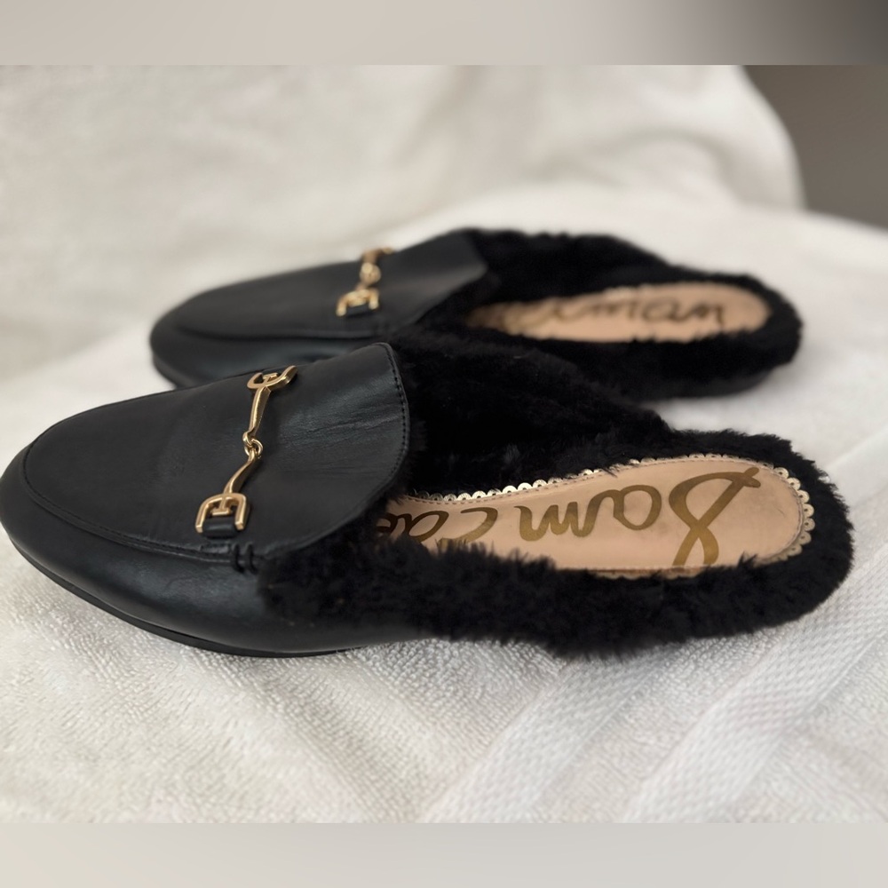 Sam Edelman Black Faux Fur-Lined Leather Mules
